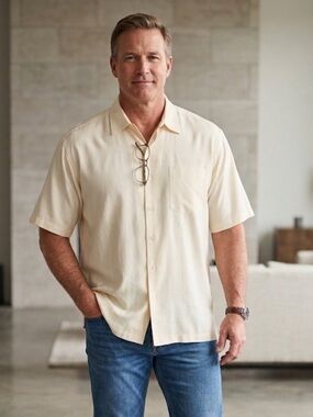 Hathaway Men's Short-Sleeve Camp Shirt in Cream. Size: L/G